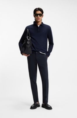 Slim-fit trousers in structured stretch cotton, Dark Blue
