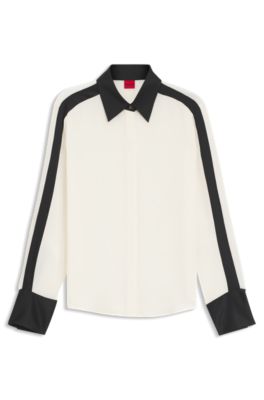Regular-fit blouse in crepe with satin trims, White / Black