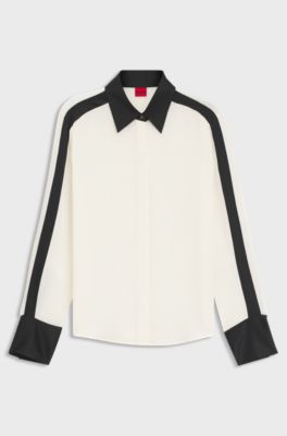 Regular-fit blouse in crepe with satin trims, White / Black