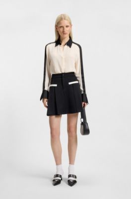 Regular-fit blouse in crepe with satin trims, White / Black