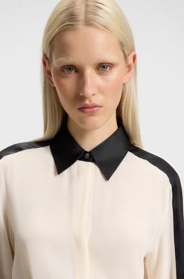 Regular-fit blouse in crepe with satin trims, White / Black