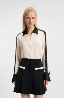 Regular-fit blouse in crepe with satin trims, White / Black