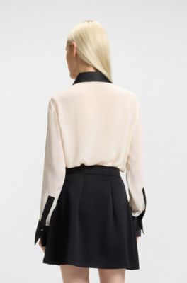 Regular-fit blouse in crepe with satin trims, White / Black