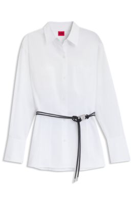 Slim-fit long-length blouse with faux-leather belt, White