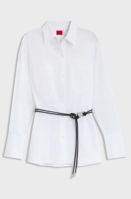 Slim-fit long-length blouse with faux-leather belt, White