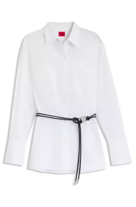 Slim-fit long-length blouse with faux-leather belt