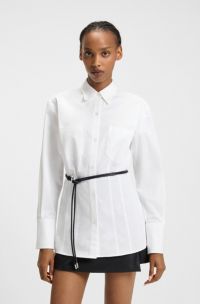 Slim-fit long-length blouse with faux-leather belt, White
