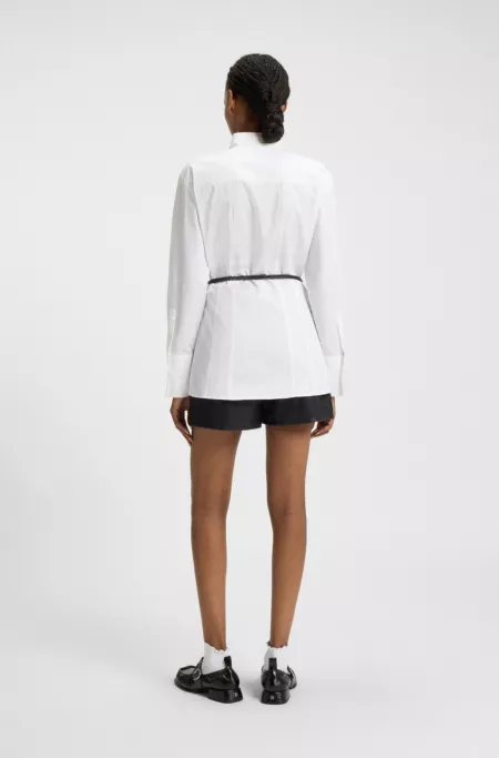 Slim-fit long-length blouse with faux-leather belt