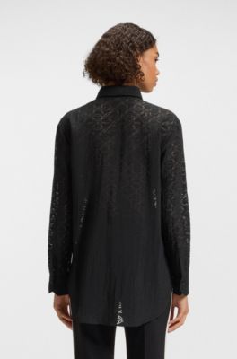 Oversized-fit blouse with burnout pattern, Black