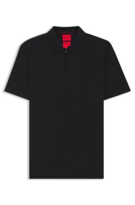Zip-neck polo shirt in slub jersey, Black