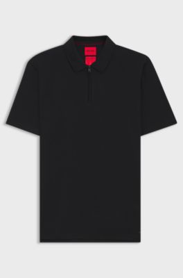 Zip-neck polo shirt in slub jersey, Black