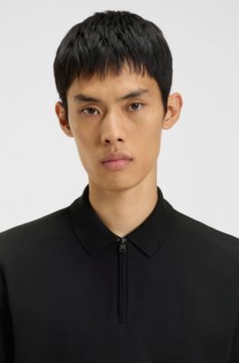 Zip-neck polo shirt in slub jersey, Black