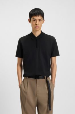 Zip-neck polo shirt in slub jersey, Black