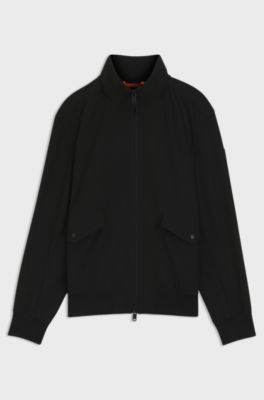 Water-repellent aviator-style bomber jacket with packable hood, Black