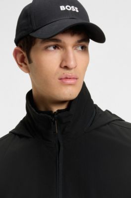 Water-repellent aviator-style bomber jacket with packable hood, Black