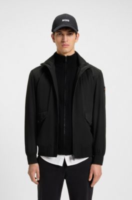 Water-repellent aviator-style bomber jacket with packable hood, Black