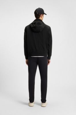 Water-repellent aviator-style bomber jacket with packable hood, Black