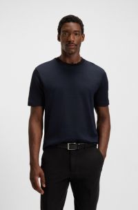 Mercerised-cotton T-shirt with grid pattern, Dark Blue