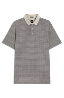 Mercerised-cotton polo shirt with grid pattern, Grey