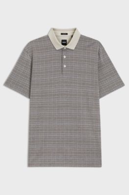 Mercerised-cotton polo shirt with grid pattern, Grey