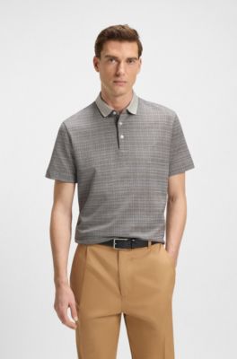 Mercerised-cotton polo shirt with grid pattern, Grey