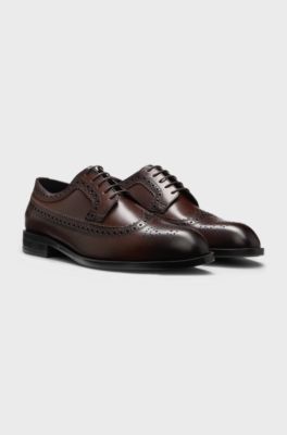 Leather Derby shoes with brogue details, Dark Brown