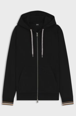 Cotton-blend zip-up hoodie with patterned drawcords, Black