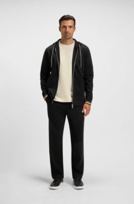 Cotton-blend zip-up hoodie with patterned drawcords, Black