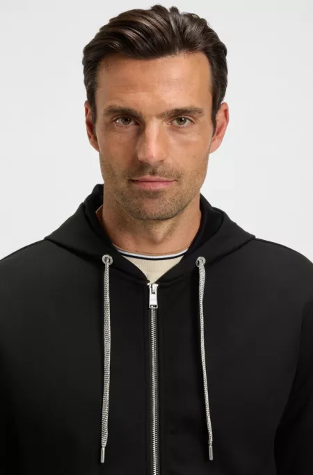Cotton-blend zip-up hoodie with patterned drawcords