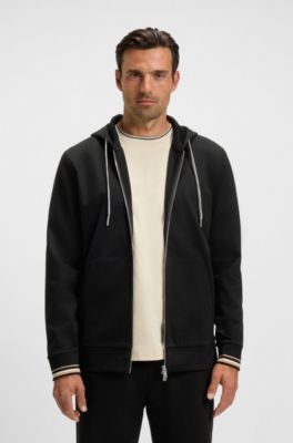 Cotton-blend zip-up hoodie with patterned drawcords, Black