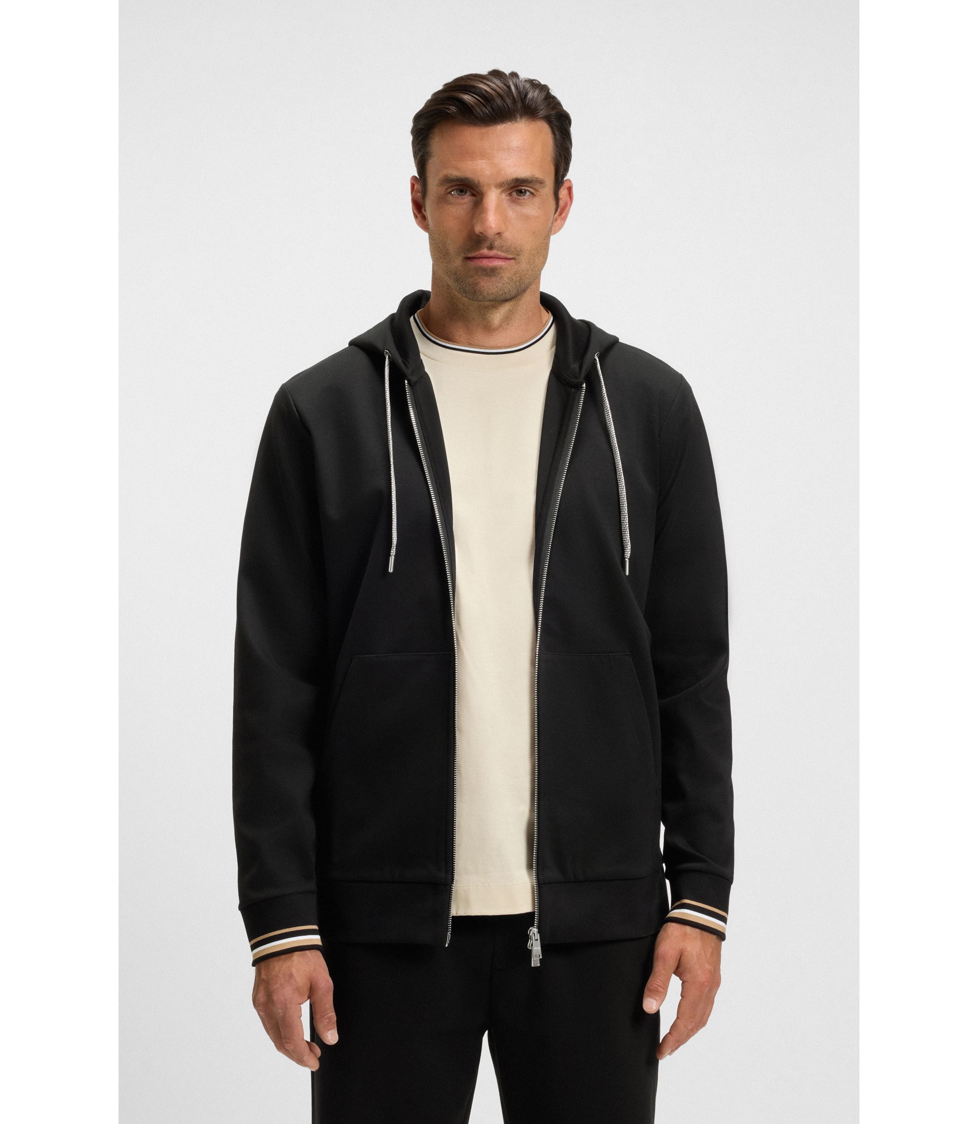 BOSS - Cotton-blend zip-up hoodie with patterned drawcords - Black