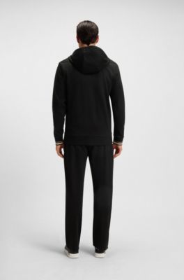 Cotton-blend zip-up hoodie with patterned drawcords, Black