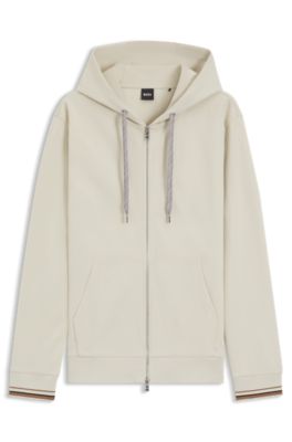 Cotton-blend zip-up hoodie with patterned drawcords, Natural