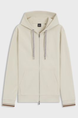 Cotton-blend zip-up hoodie with patterned drawcords, Natural