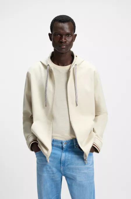Cotton-blend zip-up hoodie with patterned drawcords