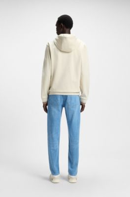 Cotton-blend zip-up hoodie with patterned drawcords, Natural