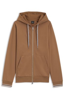 Cotton-blend zip-up hoodie with patterned drawcords, Brown