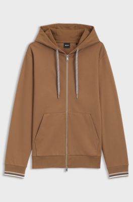 Cotton-blend zip-up hoodie with patterned drawcords, Brown