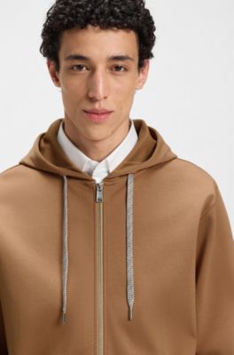 Sweat &agrave; capuche zipp&eacute; en coton m&eacute;lang&eacute; avec cordon de serrage &agrave; motif, Marron