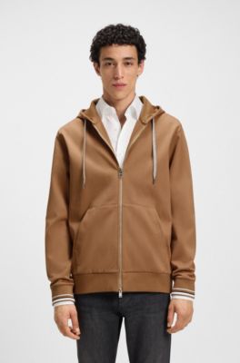 Cotton-blend zip-up hoodie with patterned drawcords, Brown