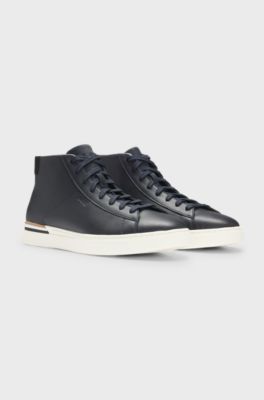 Leather high-top trainers with signature stripe, Dark Blue