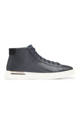Leather high-top trainers with signature stripe, Dark Blue