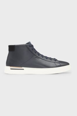 Leather high-top trainers with signature stripe, Dark Blue