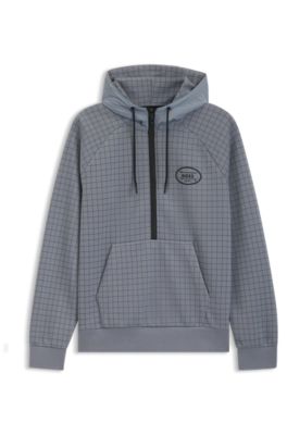 Check-print hoodie in stretch piqu&eacute; with golf artwork, Grey