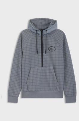 Check-print hoodie in stretch piqu&eacute; with golf artwork, Grey