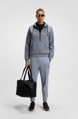 Check-print hoodie in stretch piqu&eacute; with golf artwork, Grey