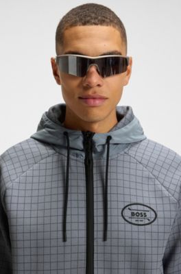 Check-print hoodie in stretch piqu&eacute; with golf artwork, Grey