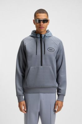 Check-print hoodie in stretch piqu&eacute; with golf artwork, Grey
