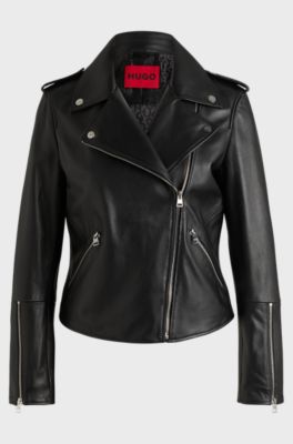 Giubbotto biker asimmetrico in pelle, Nero