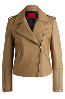 Asymmetric biker jacket in leather, Beige